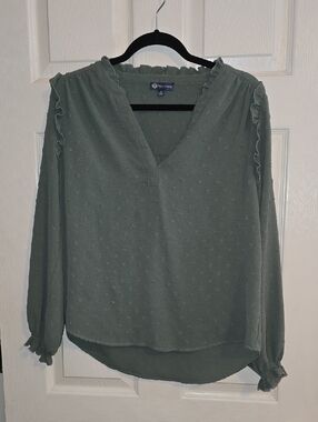 Democracy Sage Green V-Neck Ruffle Detail Blouse
